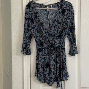Free People Floral Wrap Romper with Ruffle Sleeves and button down back